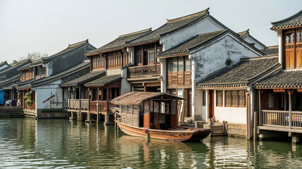 Fototapeta premium Traditional Chinese riverside town with wooden boats and historic architecture reflecting on green water, symbolizing ancient culture and scenic travel destination,eco travel, and scenic Chinese lands