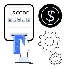 Hand placing money into a system with an HS code screen, currency symbol, and cogwheels. Ideal for trade, taxation, customs, logistics, global commerce economy processes and payment systems. Simple