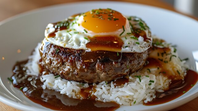 Loco moco dish featuring white rice, hamburger patty, fried egg, and gravy on a white plate