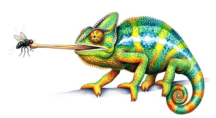 Naklejka premium A colorful chameleon extends its long tongue to catch a fly, showcasing its hunting skills.