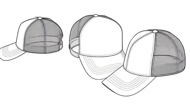 Three line drawings of a baseball cap with a mesh back, shown from different angles