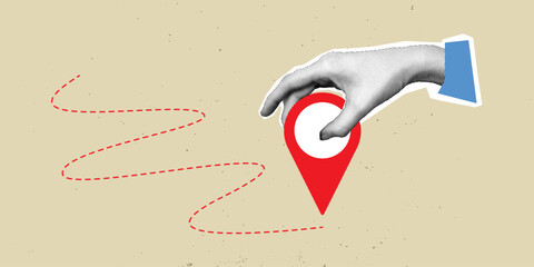 Retro halftone collage of hand placing red map pin, symbolizing navigation, travel route, GPS location, and direction concept.