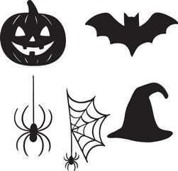 Silhouette Halloween Elements Set with Pumpkin Bat Spider Cobweb and Witch Hat Vector Illustration