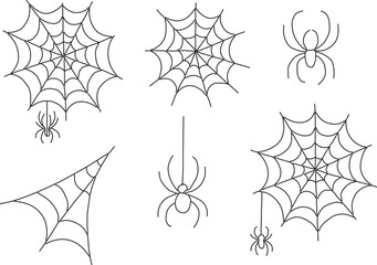 Minimalist Line Drawing Spider Web and Spiders Vector Illustration for Halloween Decoration Design