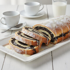 Delicious sliced poppy seed roll cake with powdered sugar