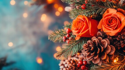 Decorative arrangement of orange roses and pinecones with lights