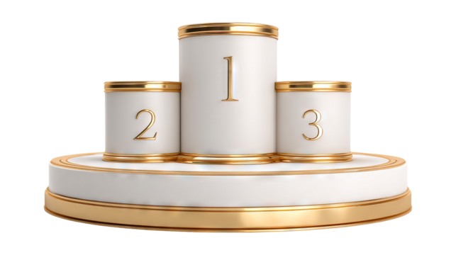 Luxury white and gold winner podium with numbers isolated on a transparent white background, clipping path