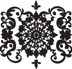 Black and White Floral Mandala with Leafy Accents
