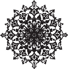 Black and White Floral Mandala with Leafy Accents
