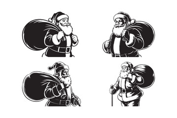 Four stylized black and white illustrations of santa claus with sacks