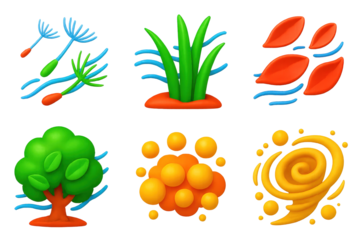 Dynamic Plant Icons. 3D icon set of plants in motion: dandelion seeds flying, grass swaying, flower petals drifting, tree leaves