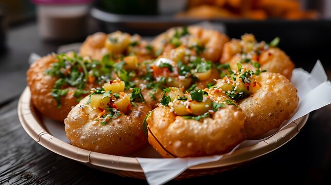 Close up shot of a plate filled with gol gappa, a popular street food from the indian subcontinent