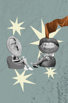 Trendy art vertical 3d photo collage of two anonym headless man girl ear mouth gossip tattle conversation discussion murmur