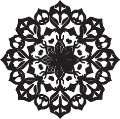Black and White Floral Mandala with Leafy Accents
