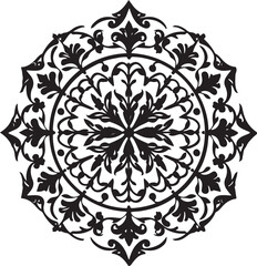 Black and White Floral Mandala with Leafy Accents
