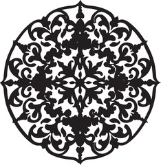 Black and White Floral Mandala with Leafy Accents
