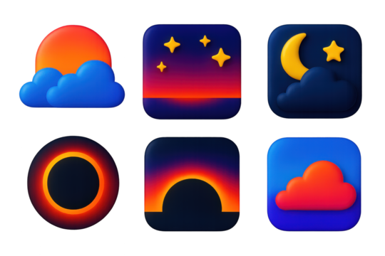 Sky Transition Icons. 3D icon set of sky transitions: dusk sky, twilight horizon, darkening light, eclipse effect, glowing edges,