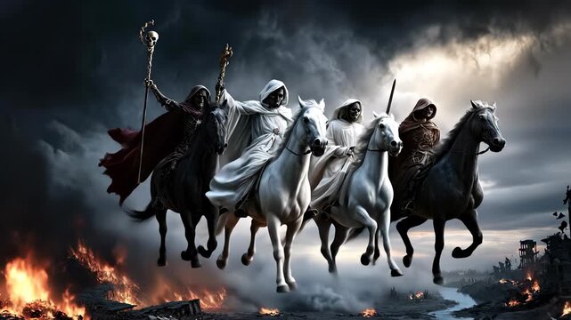 Video apocalyptic quartet: conquest specter, war phantom, famine herald, death rider, chaos omen, doom figure, ruin curse, divine wrath, cosmic fate, mythic tale, eternal sign, final prophecy,