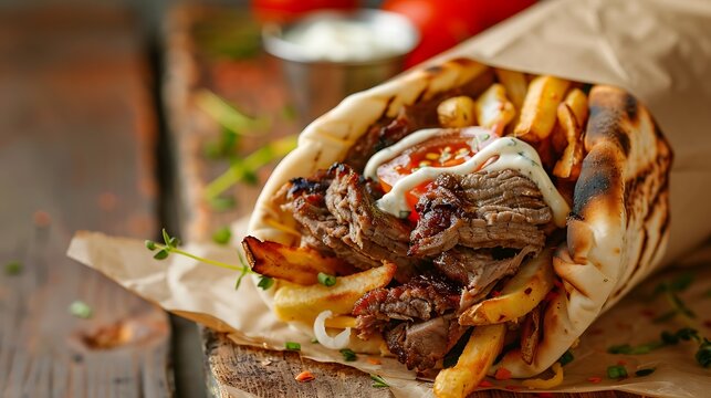 Close up shot of a gyro wrap filled with meat fries and sauce on a wooden board with garnish around it