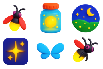 Firefly Icon Set. 3D icon set of firefly scenes: glowing firefly, glass jar with light, summer night field, blinking flash, tiny