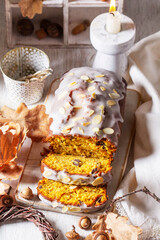 Pumpkin cake with chocolate and icing, prepared for a Halloween party.