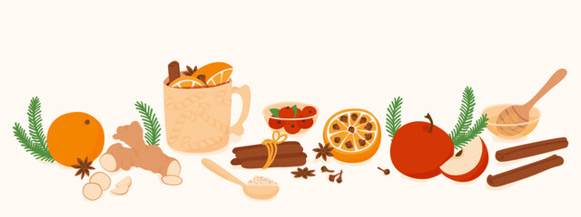 Mulled wine vector set. Cup of mulled wine with oranges, apples, ginger, anise, cardamon and cinnamon sticks.Hand drawn illustration.