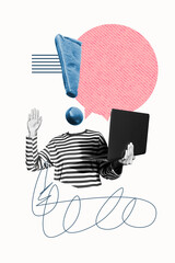 Vertical 3d collage poster of anonym girl wave hand instead head exclamation mark hold laptop...