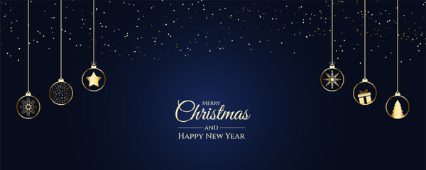Merry Christmas and new year blue background with hanging golden balls. Elegant gold christmas tree, snowflakes, gift with glittering stars design for card, banner, poster. Vector illustration.