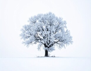 Fototapeta premium Majestic Bare Oak Tree Covered in Frost During Winter Against a Stark White Background