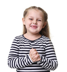 Portrait of smiling little girl on white background