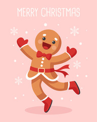 Merry Christmas greeting card with jumping gingerbread man. Christmas holiday card with festive character.