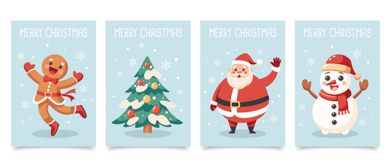 Set of Christmas cards with Santa Claus, snowman, gingerbread man and Christmas tree. Christmas holiday cards collection with festive characters.