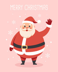 Merry Christmas Greeting Card with Waving Santa Claus. Christmas holiday card with festive character.