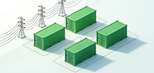 Fototapeta premium Isometric illustration features green containers, electric grid pylons. Concept eco energy storage solutions, sustainable power. Future tech, renewable energy sources for cargo, transportation,