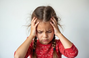 Fototapeta premium Young girl holds head with hands, eyes closed, face contorted in pain. She appears distressed, possibly suffering from a headache or migraine, isolated on white.