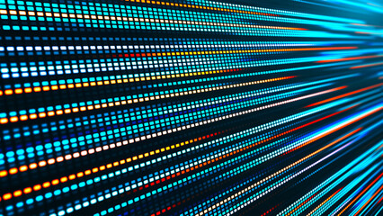 An illustration with many colored glowing lines and square segments going into the distance. The effect of movement from neon light. Suitable for themes related to technology, futurism and club visual