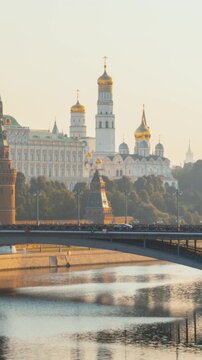 Hyper lapse. Moscow Kremlin and morning sun. View from the Patriarshy Bridge, Russia
