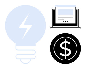 Light bulb with energy bolt, laptop with web browser, and dollar sign in circle. Ideal for entrepreneurship, technology, finance, creativity, innovation business startup. Minimal flat metaphor