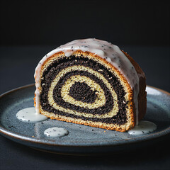 Slice of swirl poppy seed cake with glaze on a plate