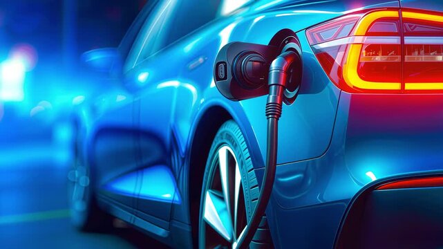 Blue electric car charging at station with glowing lights
