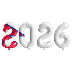Nepal flag colors 2026 3d illustration, balloon numbers 3d rendering on transparent background
