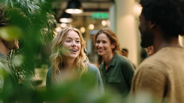 Diverse friends sharing laughter and connection in a vibrant, modern indoor garden space, 4k high quality