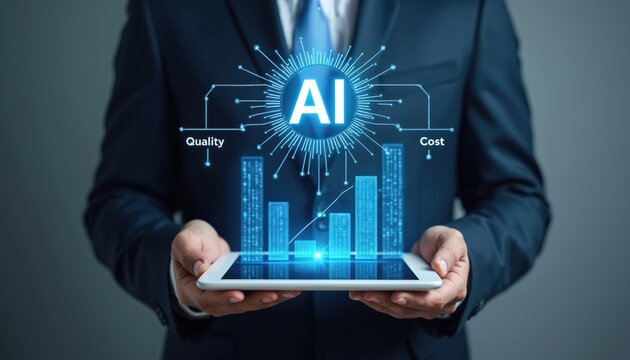 Pro businessman holds tablet displaying AI icon. Blue digital graphs show quality, cost optimization data. Artificial intelligence drives business solutions, smart decisions, future tech innovation, - Powered by Adobe