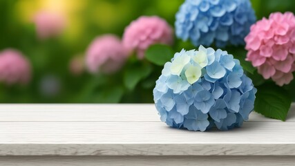 Blue and pink hydrangea flowers on the white background