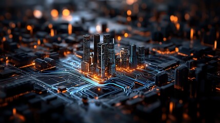 Futuristic digital cityscape with glowing circuit board elements in night sky