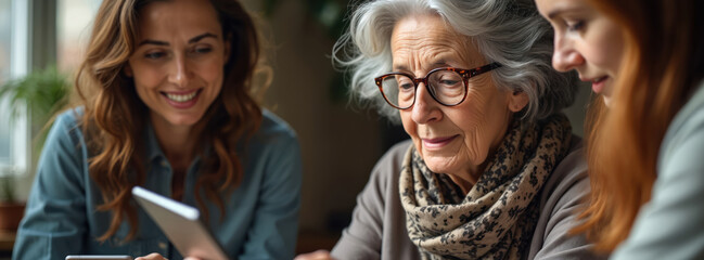 Young volunteer helps senior woman with tablet. Granddaughter teaches grandmother to use gadget. Different generations connect online, older person learns digital skills from younger generation,