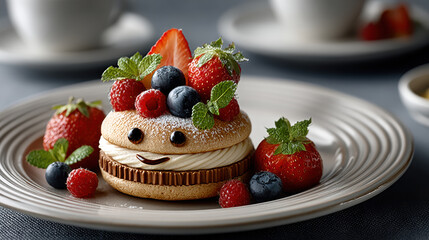 Smiling cookie sandwich with berries and mint on plate, food for baby