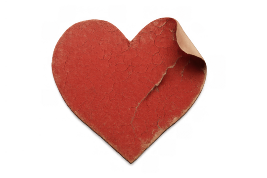 Red vintage shabby heart shape peeling texture on transparent background for love and broken relationship concepts