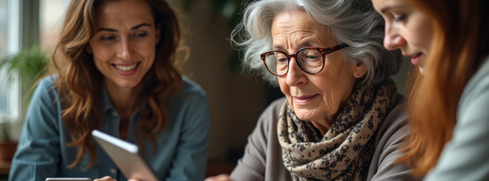Young volunteer helps senior woman with tablet. Granddaughter teaches grandmother to use gadget. Different generations connect online, older person learns digital skills from younger generation,