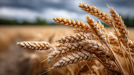 Golden wheat field with close-up of ripening ears, grains in rural landscape, theme of farm, harvest and agriculture